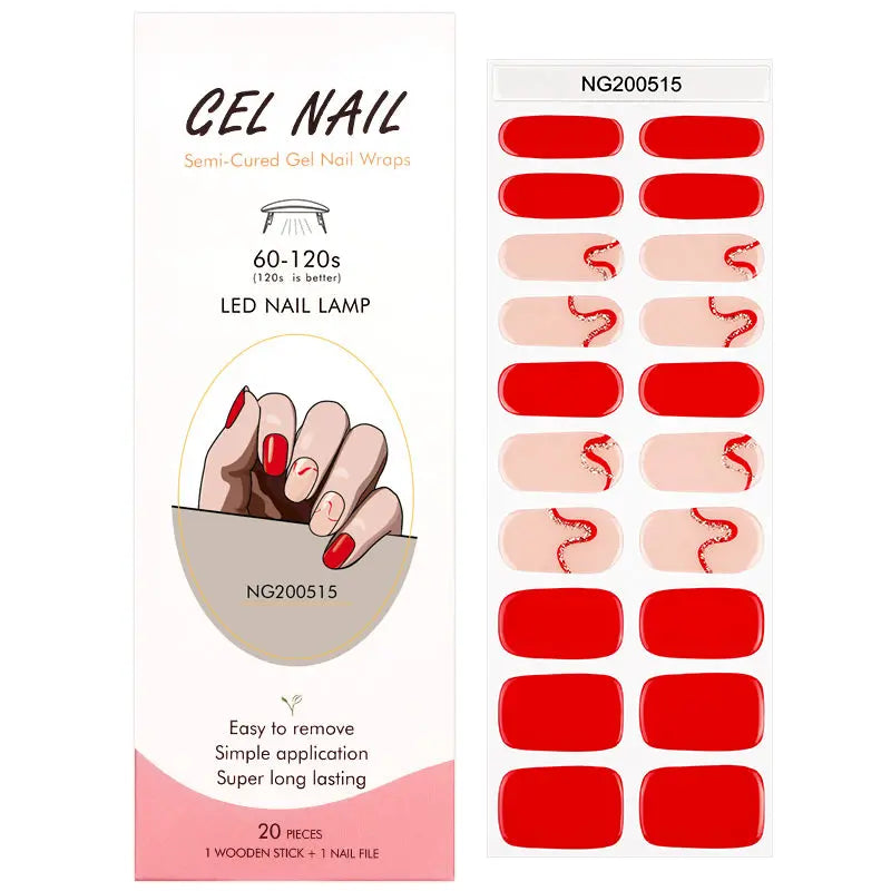 Wholesale Semi Cured Gel Nail Stickers Custom Red Ribbon Nail Strips HUIZI