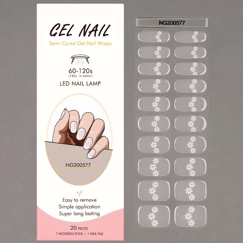 Wholesale Sheer Base Gel Nail Strips with White Floral Design – Custom & Private Label Service Available HUIZI