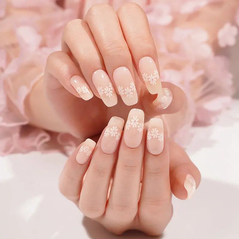 Wholesale Sheer Base Gel Nail Strips with White Floral Design – Custom & Private Label Service Available HUIZI