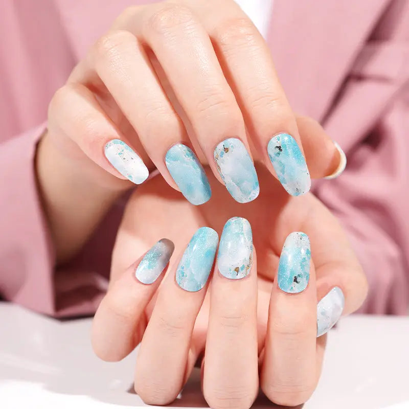 Wholesale Shimmer Semi-cured Gel Nail Stickers Custom  Aqua Seafoam Gel Nails HUIZI