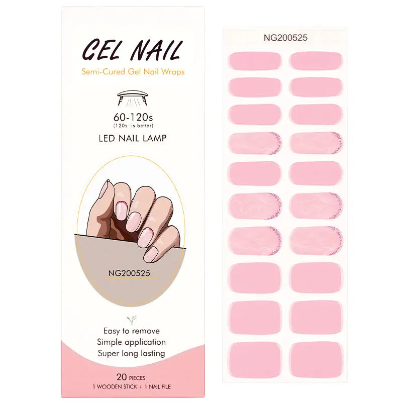 Wholesale Summer Semi Cured Gel Nail Stickers Custom Pink Glitter Nail Strips HUIZI