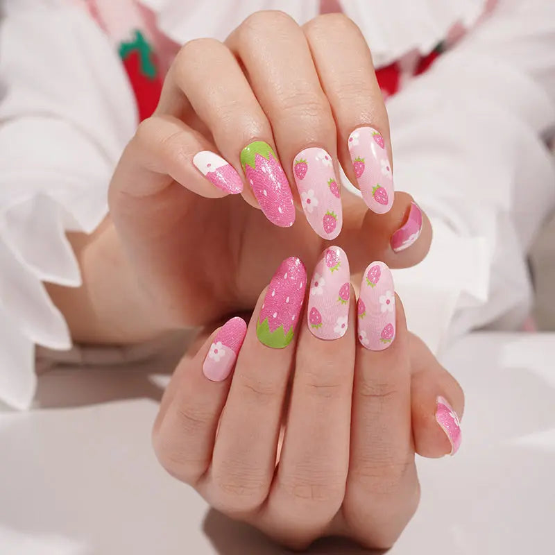 Wholesale Sweet Strawberry Nail Wraps 16 Tips Custom Nail Stickers HUIZI