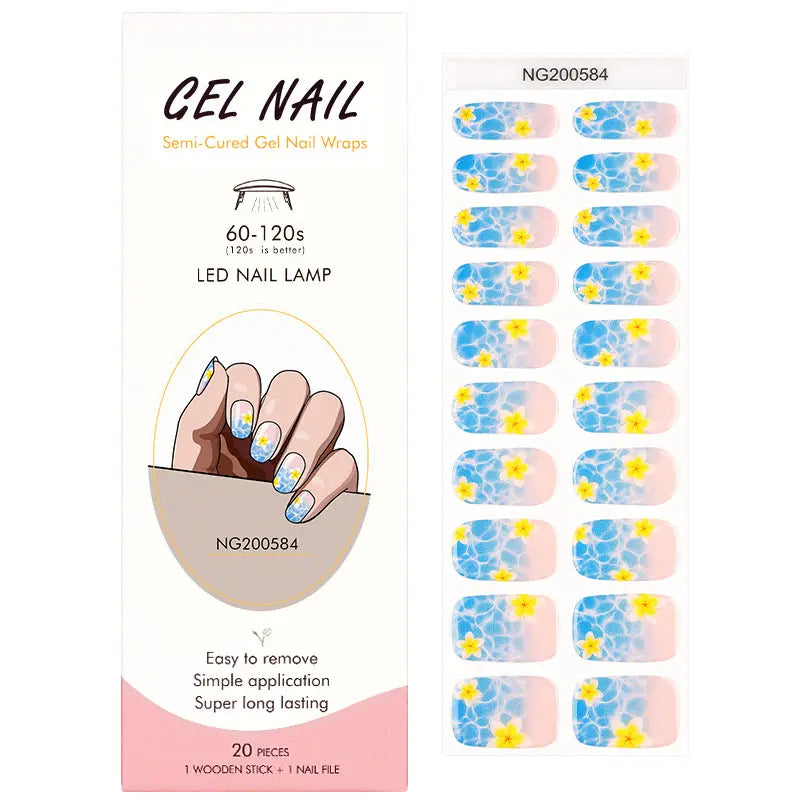 Wholesale Tropical Floral Gel Nail Strips Blue Water & Yellow Flower Summer Nail Wraps HUIZI