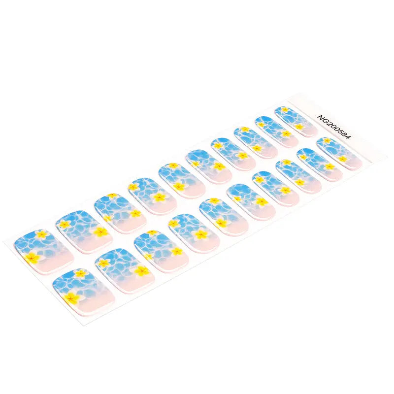 Wholesale Tropical Floral Gel Nail Strips Blue Water & Yellow Flower Summer Nail Wraps HUIZI