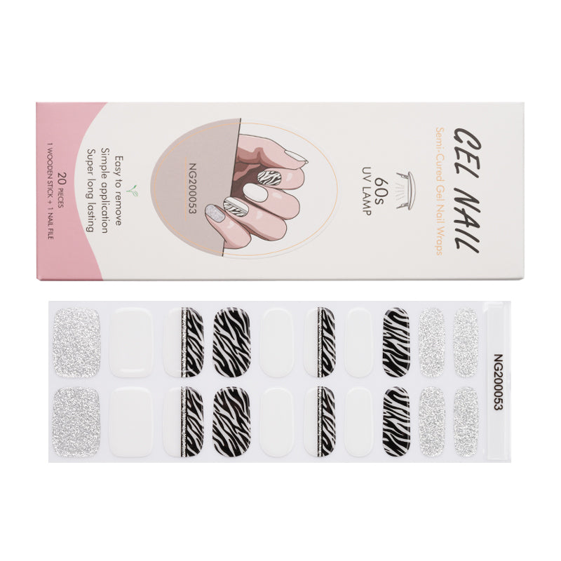 Wholesale Nail Wraps Semi Cured Gel Nail Strips Glitter Zebra HUIZI