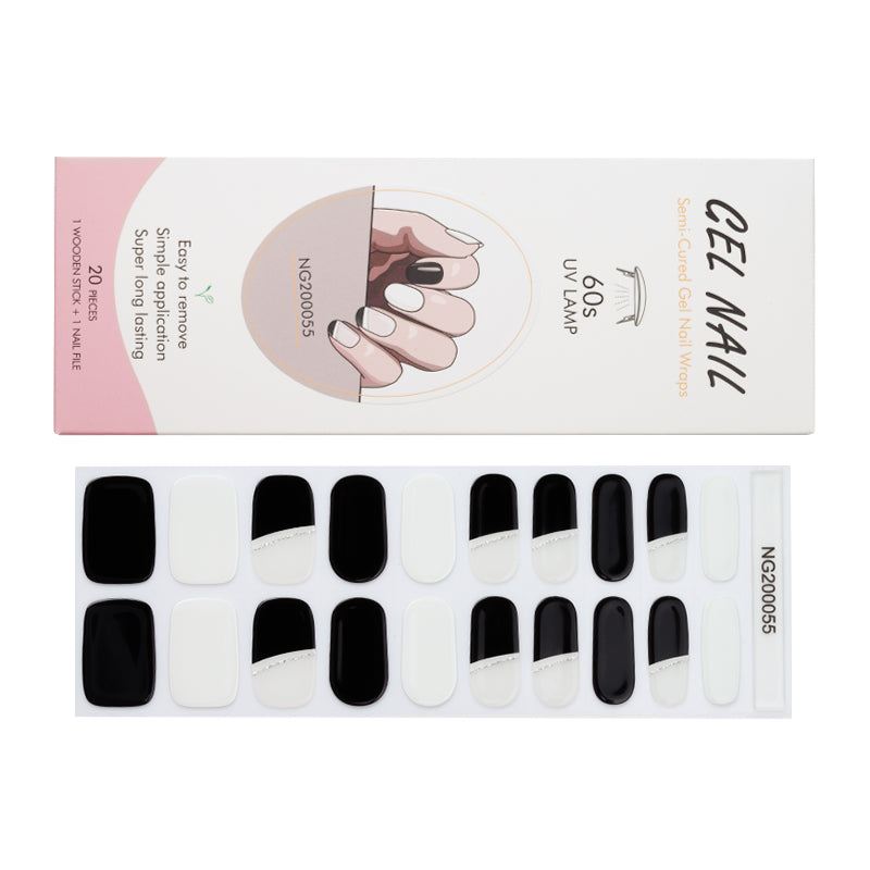 Wholesale Semi Cured Gel Nails Custom Nail Designs Supplier, Glitter, Minimalist Black and White HUIZI