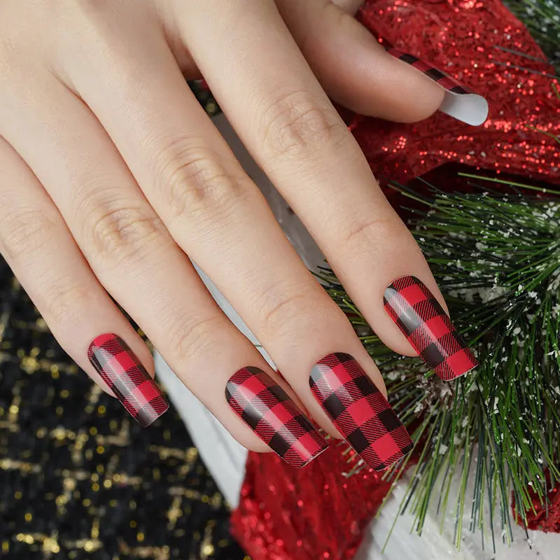 Bulk Christmas Nails Custom Red Nails Red And Black Squares - HUIZI