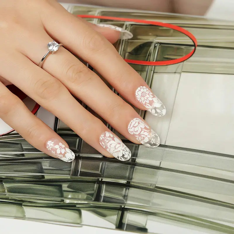 Wholesale Nail Wraps Clear White Wedding Nails, Clear Floral HUIZI