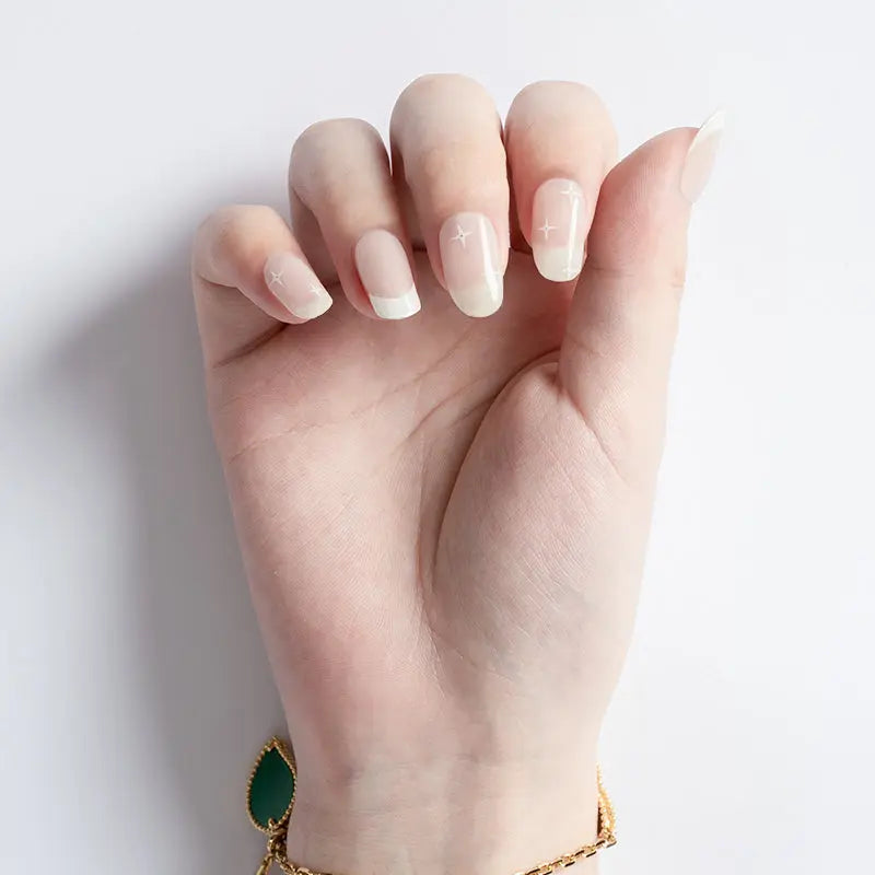 Wholesale Semi Cured Gel Nails Custom Nail Designs Supplier, French, Minimalist White Stars HUIZI