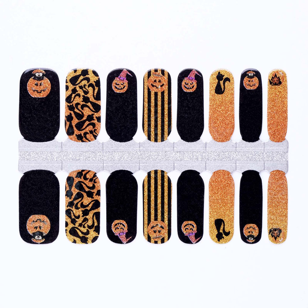 Wholesale Halloween Nails Custom Nail Strips, Glitter Golden Pumpkins And Black Cats HUIZI